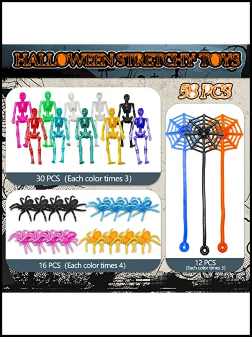 58PCS Halloween Party Favors Stretchy Skeleton Spider Toys for Kids Goody Bag